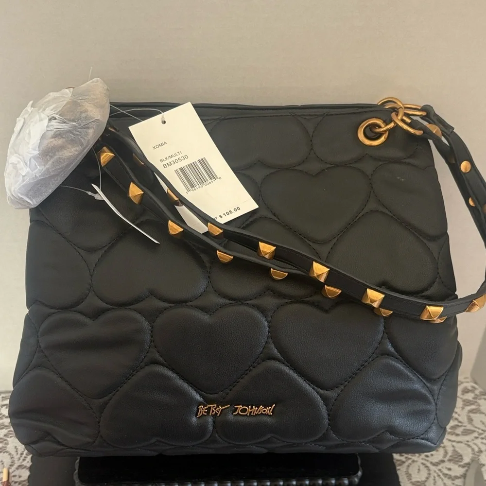Betsey Johnson Rare Leopard XOMia 💎 Black Heart Quilted Bag w/Leopard Interior - Picture 2 of 10